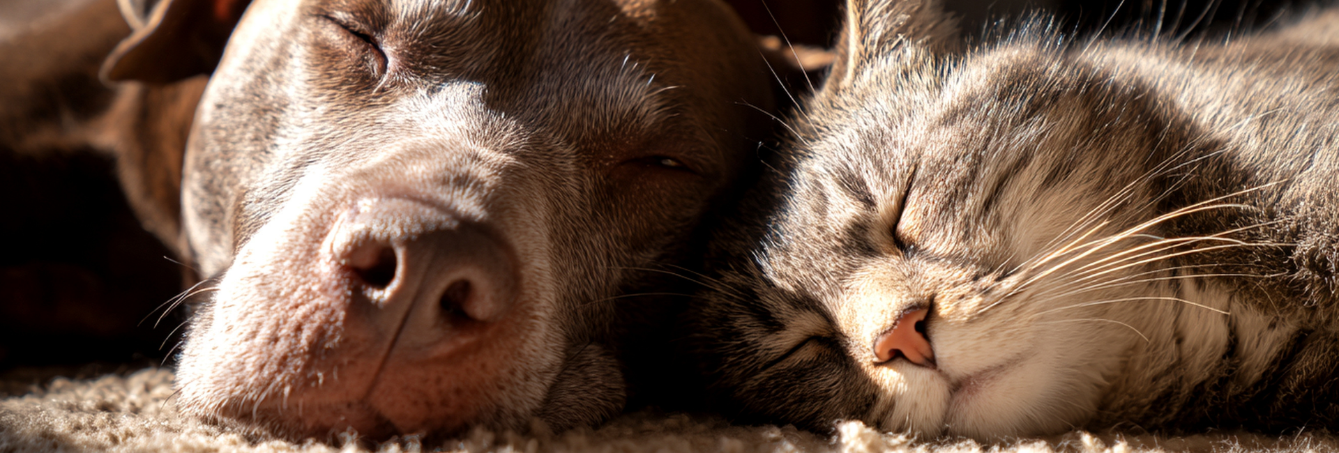 Hund und Katze nebeneinander, Sinnbild für die Verbundenheit zwischen Mensch und Tier